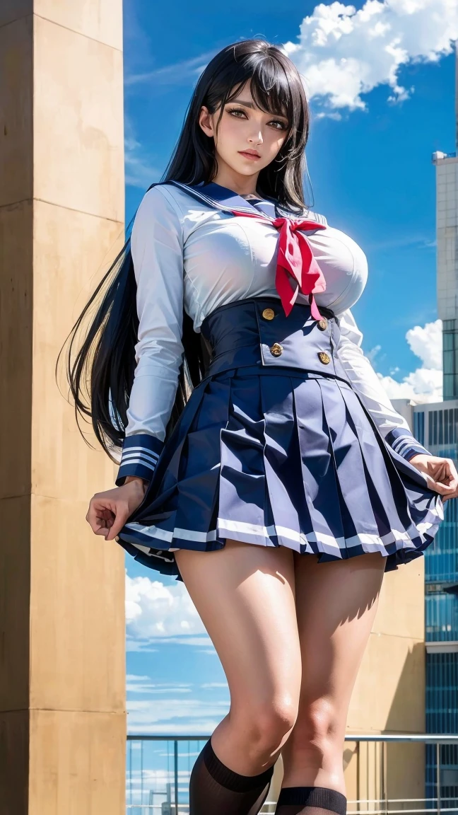 (masterpiece:1.2, Highest quality), (Realistic, photoRealistic:1.4), Beautiful illustrations, (Natural Side Lighting, Cinema Lighting), Beautiful thighs, Front view, 1 girl, high school girl, 18-year-old, Perfect Face, Symmetrical cute face, Glowing Skin, I feel climaxing with sexual desire,She closes her eyes and makes a nasty expression.,He is gasping loudly.,Sailor suit、Sweat,thin, expensive、 Beautiful Hair, Beautiful Face, Beautiful body, Quite large breasts, Beautiful thighs, Beautiful legs, Beautiful fingers, ((High quality fabric, Sailor suit, Navy Pleated Skirt)), (Beautiful views),Are standing, (smile, wonderful, Open your mouth),((Stand with your legs wide apart,Camera angle looking up from directly below the ground)),You can see her black lace panties from underneath、The shape of her genitals is visible through her panties due to the overflowing love juice.,Standing with your legs apart,The fabric of the skirt becomes transparent in the sunlight.,Panty zoom camera angle
