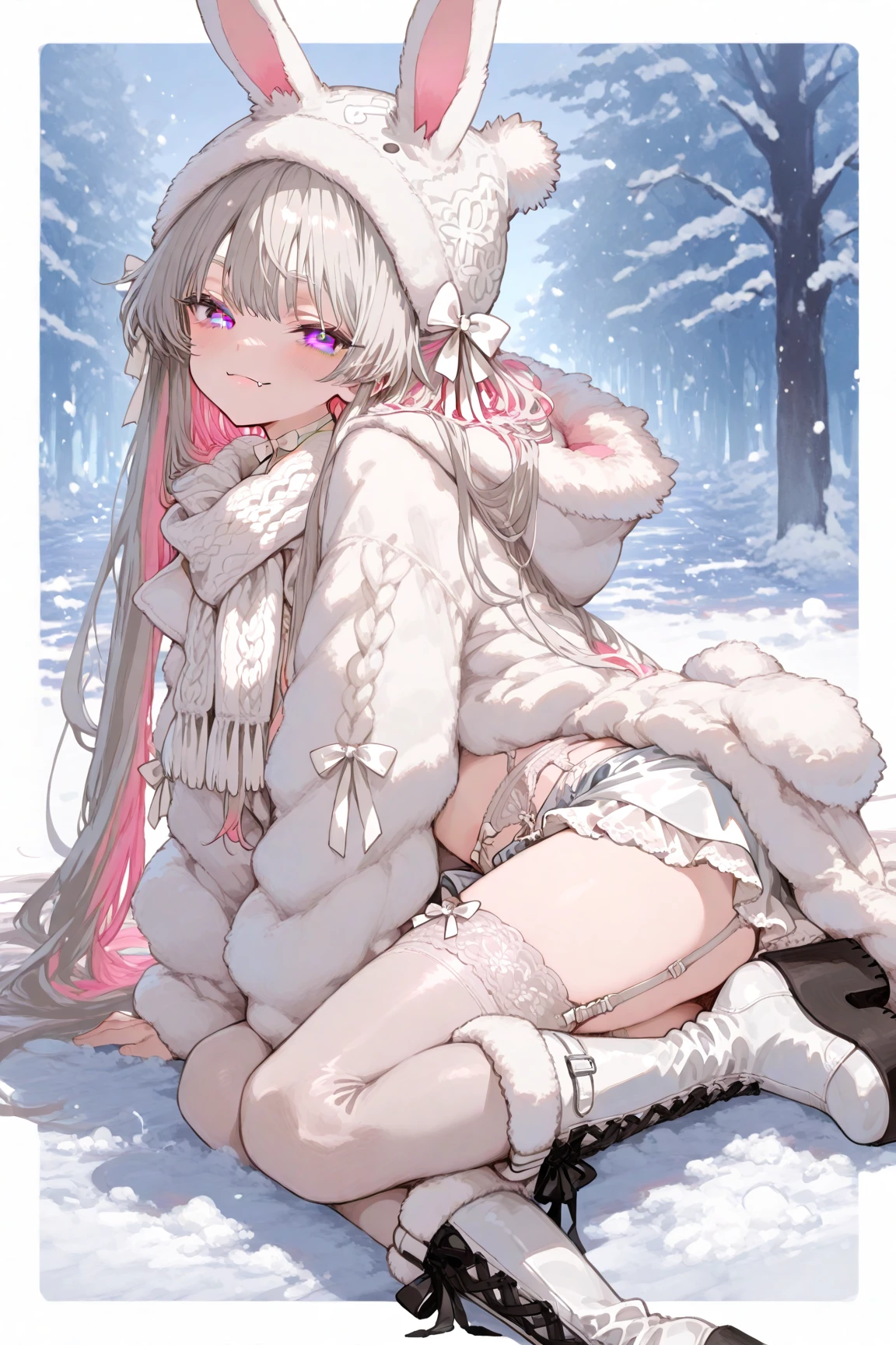 1 girl, ten years old, grey antlers, snow colored hair, pink eyes, dark grey fur, deer legs, young, cute, naked, blush