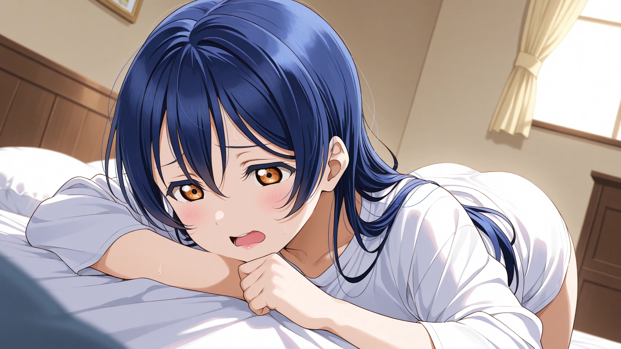 score_9, score_8_up, score_7_up, source_anime,
ainayoshizawa,  <lora:aina-yoshizawa-s1-ponyxl-lora-nochekaiser:1>,
aina yoshizawa, short hair, blue hair, purple eyes,
skirt, sleeveless, socks, shirt, white shirt, collared shirt, ribbon, neck ribbon,
indoors, bed, bed room, on side, blush, drunk,
looking at viewer, dutch angle, cowboy shot, solo,