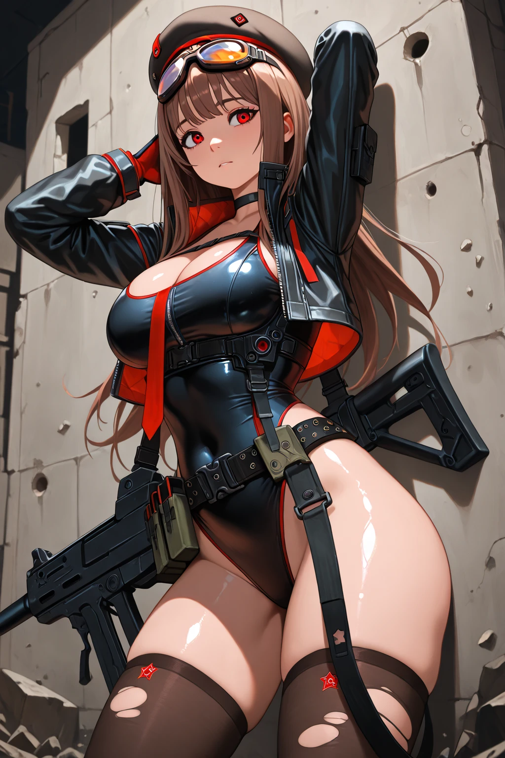 (obra de arte, melhor qualidade), 1 garota,  quietmetalgear, rabo de cavalo, inventar, sombra, bikini, topo de gravata frontal, suspenders, luvas, single elbow glove, coldre de coxa, Torn pantyhose