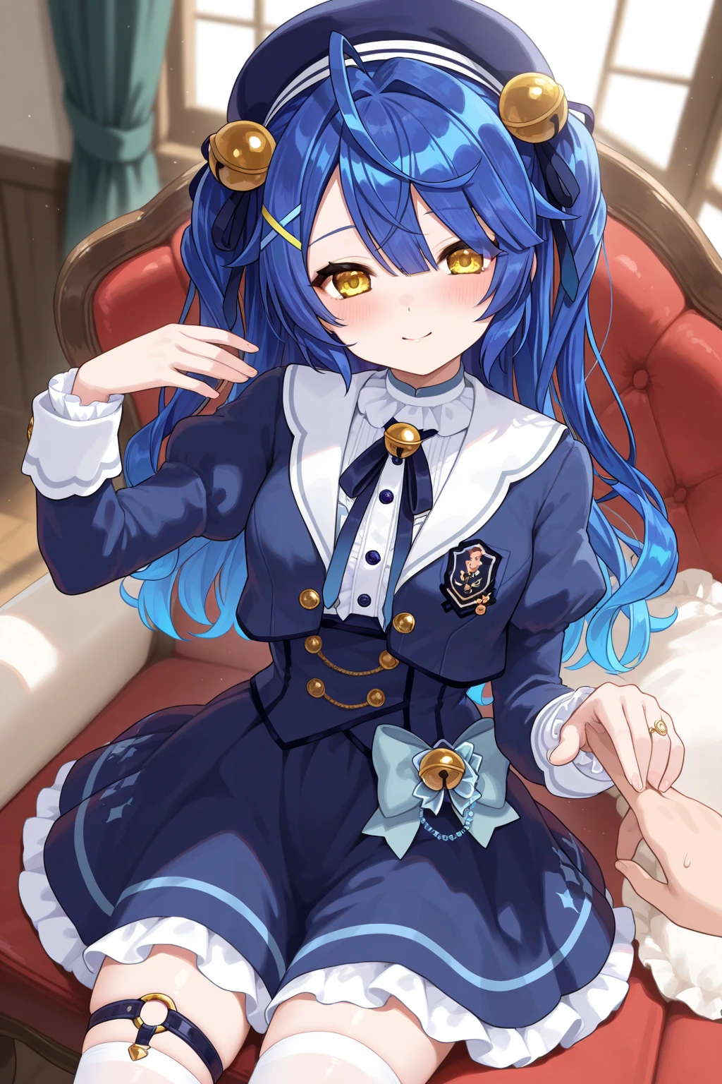 Amamiya Kokoro,1girl,blue hair,a dress with long sleeves,beret hat,pigtails,loli,smirk,half closed eyes,bow tie hair accessories,face focus,((from below)),lift up the dress,white panties, panties focus,looking down,long hair,loli,((white thighhigh stockings)),open mouth, sweating,steam,heavy breathing,wet panties,holding dress,thighs focus,five fingers,blush