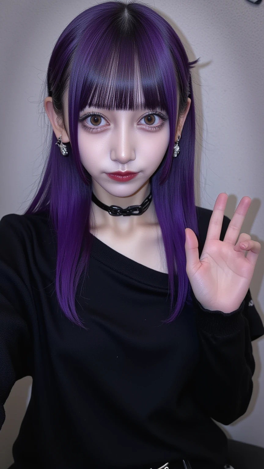 purpleとyellowで構成された絵画最高品質, High resolution,(A frame made of chains and ruins),pretty girl、Small eyes、(Flat Chest), ((Odd colored hair,green,purple,yellow)), beautiful、、Tattered denim pants、Tattered black tank top、Circus、Collar with a large chain、Clown、(He is pointing a bloody knife at the camera)、Bold Pose