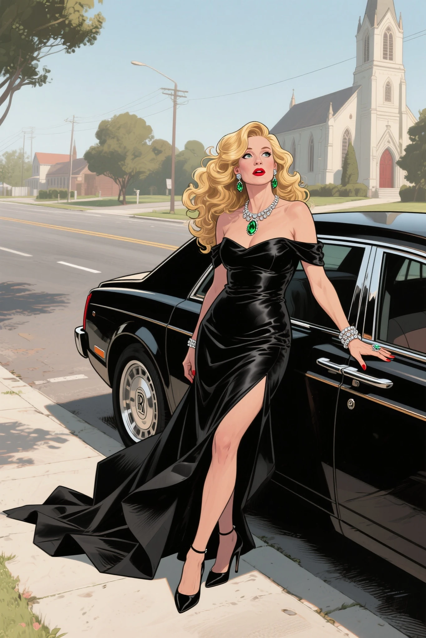 Un dibujo de caricatura de una mujer con un vestido negro, Chica anime con un vestido negro, Ella lleva un vestido negro, Chica rubia de anime con cabello largo, Ropa reveladora, Anya de Spy X Family, seductora chica de anime, looking like annie leonhart, Traje revelador, Gwen Stacy, cell shaded adult animation, Personaje femenino de anime, Loli en vestido