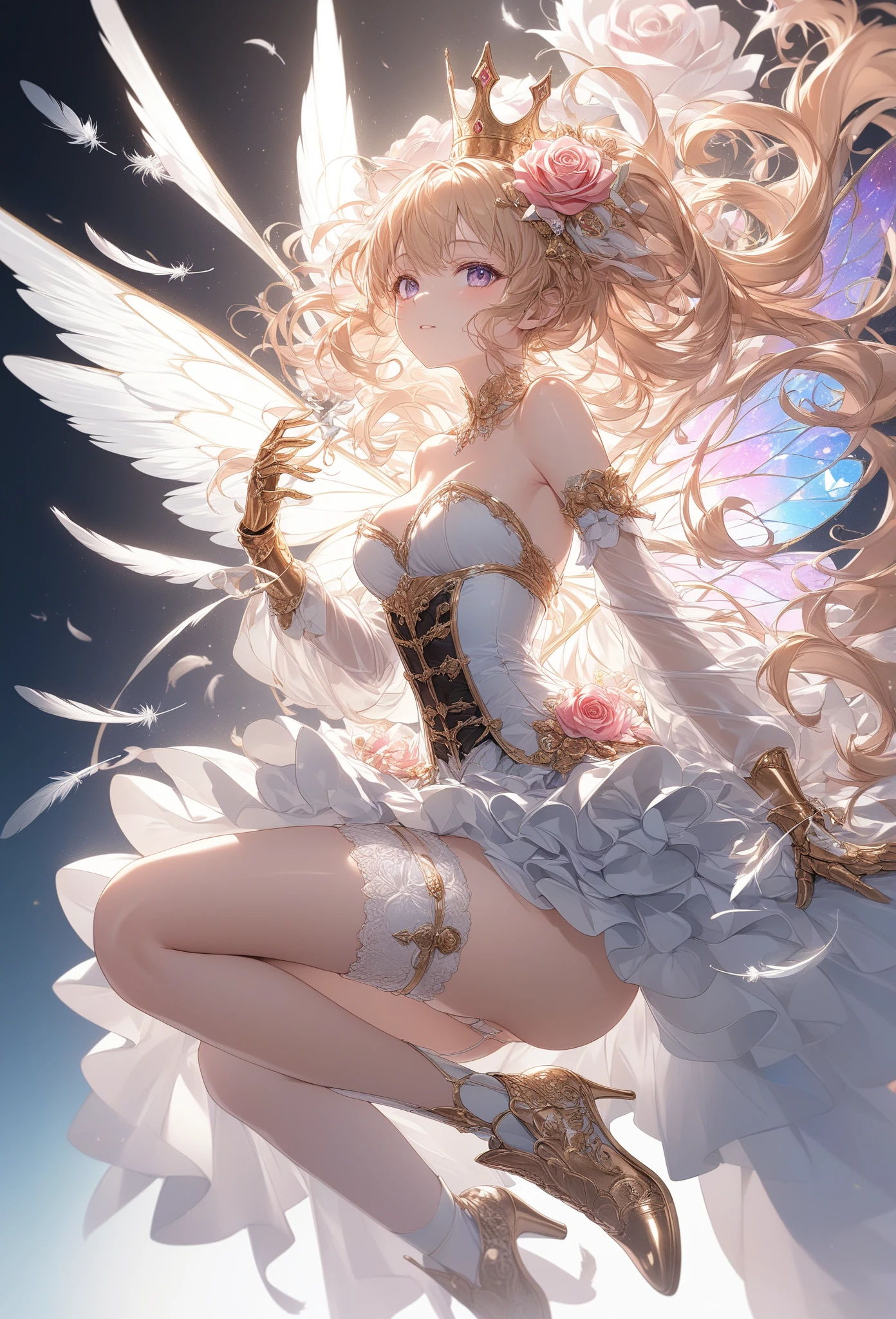 le malin holding a flower in Garden, sun shining detailed eyes, whithe _dress, angel_wings, white_legwear, bright at night, volumetric lighting, flat lighting, photo, oil painting, beautiful, extremely detailed, HD, white dress clothing cutout white pantyhose skirt bow wrist cuffs frills wings