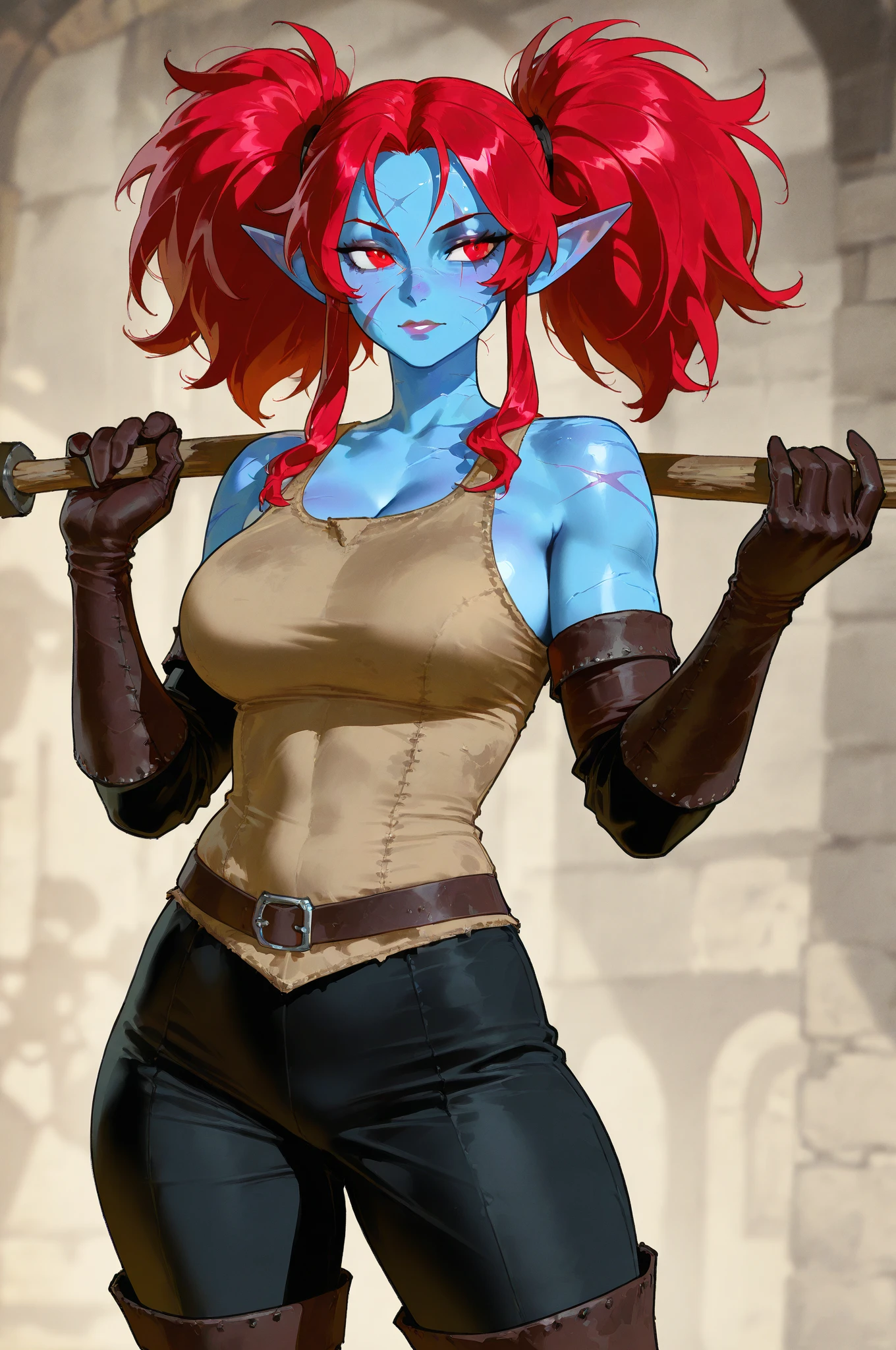 by darkgem, by duase, by bng, solo, 1girl, undyne, blue skin, huge teeth, yellow teeth, laughing, black eye patch, female, smooth body, bodybuilder, chunky, nipple outline, highly detailed eye, black tank top, (bare midriff:1.3), cleavage, denim cutoffs, visible thong straps, Masterpiece, best quality, absurd res, highly detailed, cleanly drawn eyes, park environment, standing upright, big bottom lip, black lipstick, casual posture, hands on hips,