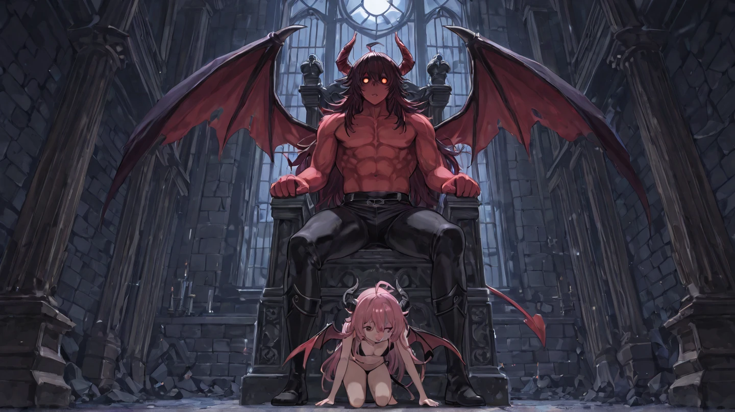 a young empress smiling and sitting on an elaborate throne in a volcano-themed room. The throne is covered with red, dragon-like scales, giving it a majestic and powerful appearance. The empress has long pink hair styled in twintails, and her eyes are also pink. She has a pair of elegantly curved horns on her head. She is almost naked, using only a small black lingerie. The overall scene should convey a sense of intensity and regality, with the dim lighting and volcanic theme enhancing the dramatic atmosphere.. Best quality. Masterpiece. Ultra detailed fingers.