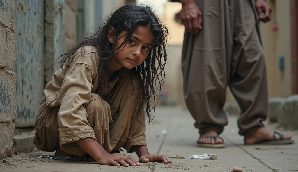 two 6-year-old children, with dirty clothes, with dirt on their faces and arms; portrait of two girls, delicate features with a sad look, inside a basement