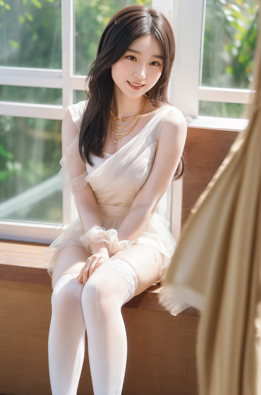 High Quality, Masterpiece, Highly Detailed, High Resolution, 4K, Ultra High Definition, Detailed Shadows, Ultra Realistic, Dramatic Lighting, 1girl, Solo, Detailed Face, Realistic Eyes, Realistic Skin, Dynamic Hair, Dynamic Pose, Dynamic Angle, White Flower Dress, White Background, ulzzang-6500-v1.1, (raw Photo:1.2), ( photorealistic:1.4), beautiful detailed girl, very detailed eyes and face, beautiful detailed eyes, ridiculous, incredibly ridiculous, huge file size, super detailed, high resolution, very detailed, best quality,
(Bright indoor), (soft light), (low contrast), (shallow depth of field), (portrait of a beautiful woman illuminated by gentle light), (extremely delicate and elegant depiction), (short length bangs), (hair color is a dark chestnut shade with a slight brown tone), (hair with a subtle and gentle wave), (small braids intricately woven on the side of long hair), (adorned with a thin ribbon), ( white blouse with small frills), (bow tie), (blue long skirt), (white short ankle socks), illustration, very detailed, CG, unified, 8k wallpaper, amazing, fine detail, best quality, Very detailed CG unified 8k wallpaper, face light, movie lighting, 1girl, 16 years old, ((no panties)), ((dynamic pose))), (camel toe), (half), (bent knees and legs sitting))
