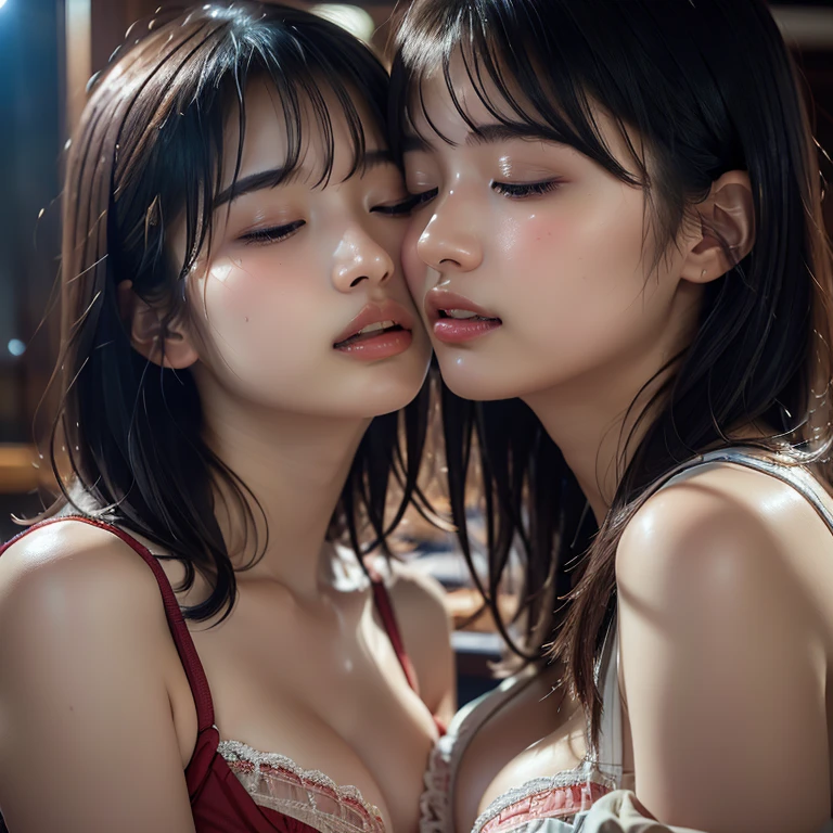 Two high school girls, hugging from behind, topless, hiding breasts with hands, hard lesbian, sexy pose, perfect and seductive body, lesbian, body is wet, eyes closed, 17 years old, fingers in crotch, fingers in bra, rubbing partner's breasts, stroking the partner's crotch, intense lesbian kiss, side tie T-back, slim figure, spreading legs, classroom, evening