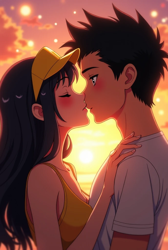
Generate a romantic and tender scene depicting two characters sharing a passionate kiss. Set the atmosphere with evocative details such as the location, time of day, and any relevant emotions or thoughts running through the characters's minds."a handsome, tall, boy with black and messy short hair wearing sports uniform sharing kiss with a beautiful, shorter than male, girl with black and semi long hair wearing bikini uniform sharing kiss to eachother wearing uniform, sharing kisses and the boy press the girl's boob