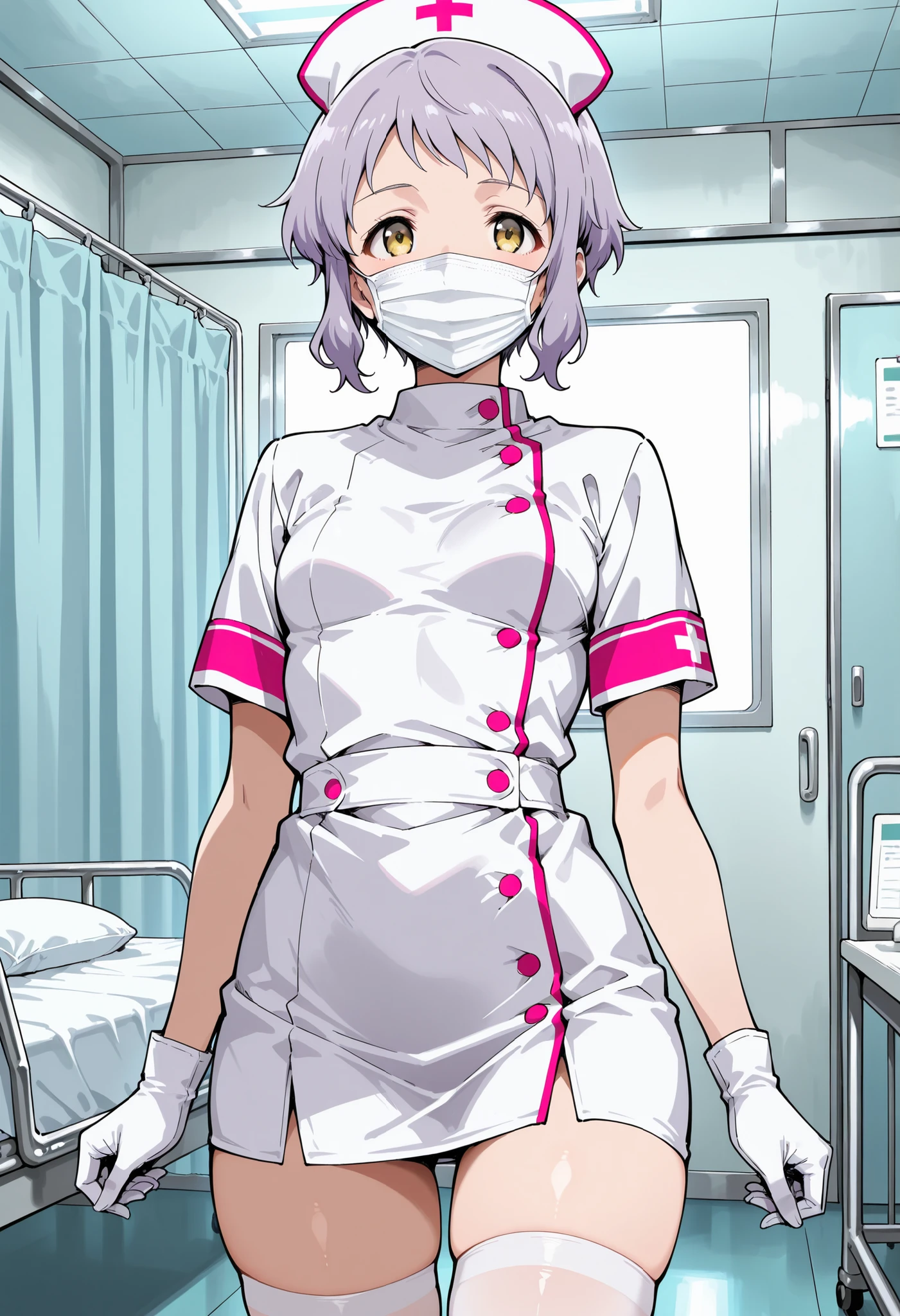 1 female, alone, nurse, nurse cap, Whiteware, ((white legwear, zettai ryouiki)), white gloves, pink hair, green eyes, droopy eyes, pink lips, smile, Are standing, ((hospital room)), sharp outline, short sleeve, mature woman, 32 years old, highest quality, masterpiece