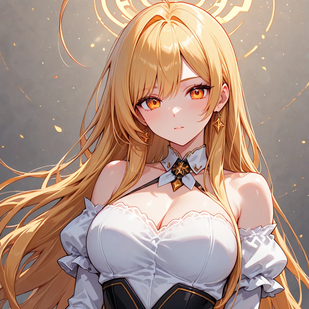 (high quality, 8k, 4K, high contrast, artwork:1.2, high quality, best aesthetics), (dynamic angle), ((1 woman)), erotic, sensual, mature body, super detailed, beautiful face detailed, beautiful eyes detailed, detailed beautiful mouth, sexy body, perfect breats, perfect wide thighs, (white skin), (long straight blonde hair), (bright yellow pupils), (serious facial expression), (golden flower crown), (golden flower bracelet), (perfect detailed hands), (black dress with long skirt, exposed thighs and long neckline with gold details), (aura of golden ring above the head split in the middle), (scenario of a place in empty space in yellow color)