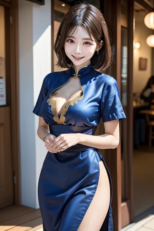 1 female,(((China dress))),((skirt lift)),show off panties,((lace pantie)),,A smile full of happiness、((looks happy:1.3))、Breathless face、Missing、sweating、Excited facial expression、short hair、Realistic,High resolution,Soft Light,Large Breasts, blue eyes, Expensive Gemstones, Elegant and sexy red and gold traditional costume,