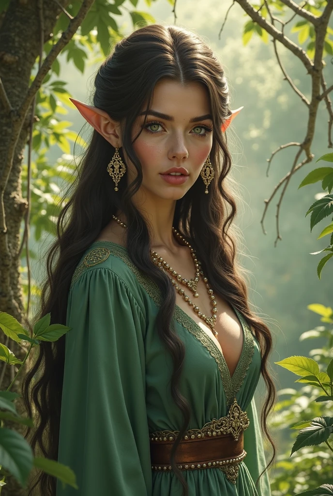 a beautiful female elf with long flowing hair, intricate detailed face, mesmerizing eyes, elegant pointy ears, ethereal glowing skin, magical aura, ornate jewelry, flowing dress, in a mystical forest landscape, sunlight filtering through the trees, glowing magical particles, cinematic lighting, fantasy art, digital painting, highly detailed, photorealistic, 8K
