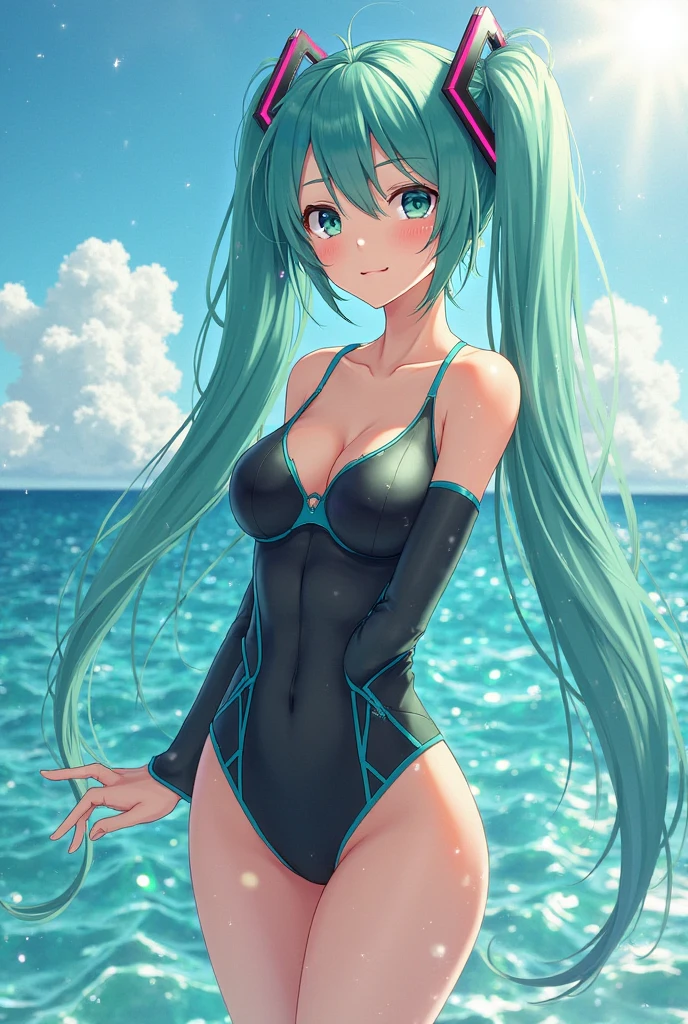 最high quality,table top,1 girl,(((hatsune miku))), Bright green eyes like jewels,green hair、double ponytail,, magical little girl, Princess, adventurous girl, Are you okay, smile、nymphomaniac, high heel boots, gloves, zettai ryouiki, earrings, natural otaku, moonlight,under the moon,At night,full body shot、masterpiece, high quality, High resolution, alone、(masterpiece:1.6、最high quality), (Are you okay and beautiful eyes:1.2), 1 girl, Ocean、sandy beach、tropical beach、((Iridescent swimsuit))、perfect hands、blush、crossed legs,look up(masterpiece:1.6、最high quality), (Are you okay and beautiful eyes:1.2), 1 girl, Report、perfect hands,((Peeking out from directly below))、(((shoot from below)))、turn your arms behind your back、be quiet, From above,（(spread your legs wide)） Both thighs are thick, shaggy,Ocean View、世界一の絶景なるOcean辺,Don&#39;do not interrupt prompt。