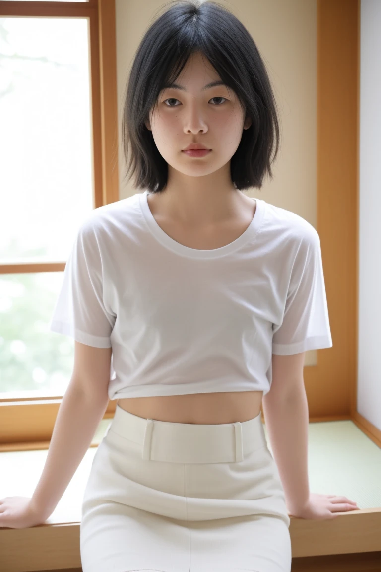 A THIN 18 YEAR OLD GIRL WITH SHORT BLACK HAIR