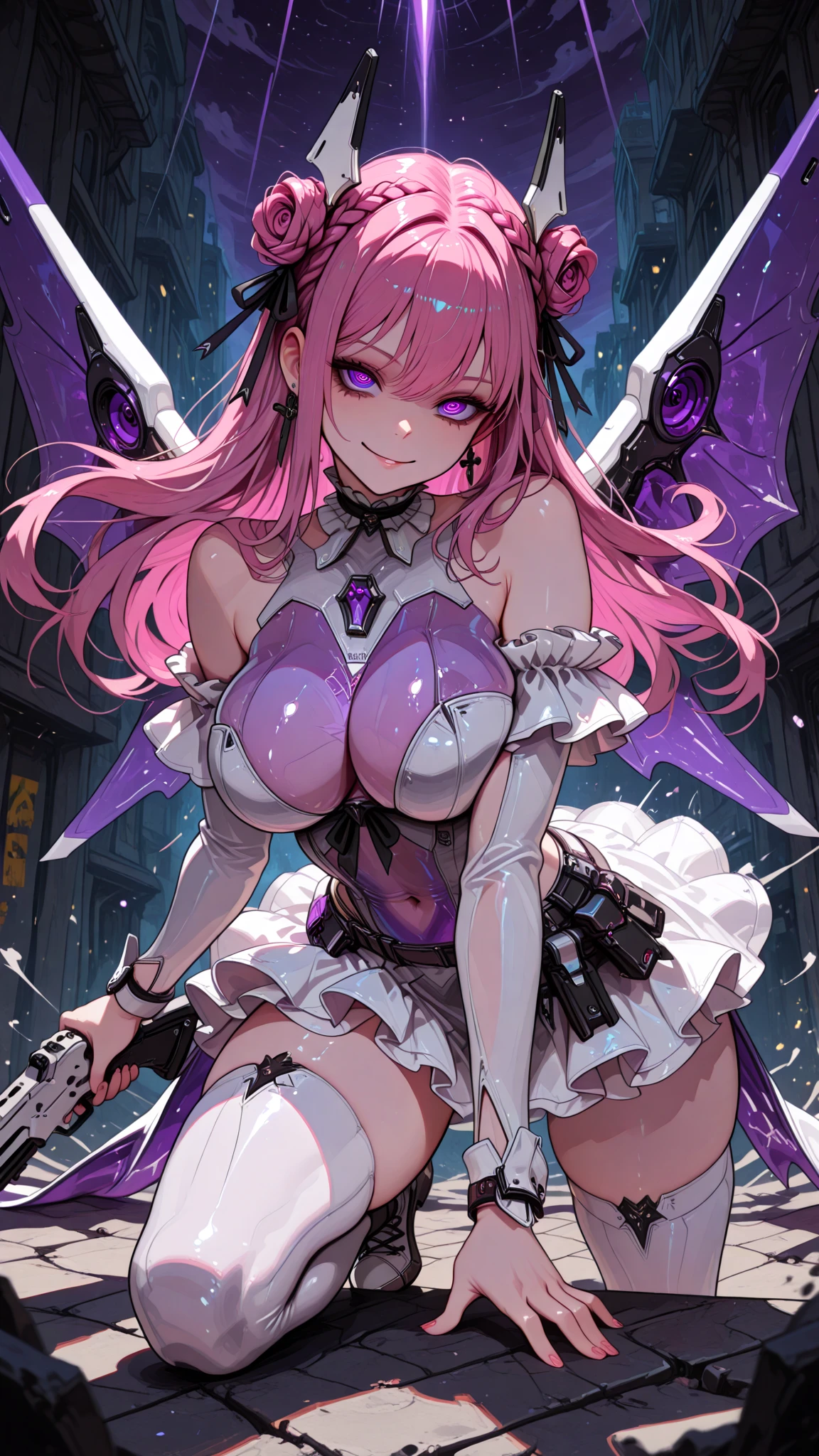 (master piece), (best quality), ((1girl)), ((solo)), ((1 panel)), ((minato aqua:1.3, hololive)), ((height 148cm)), ((weight 44.5kg)), long hair, multicolored hair, twintails, colored inner hair, purple eyes, anchor symbol, blue hair, two-tone hair, braid, bangs, drill hair, twin drills, hair ribbon, purple hair, ahoge, streaked hair, (medium breasts:1.3), petit:1.1, short body:1.1, short arms:1.1, short legs:1.1, short height:1.2, being stumpy:1.3, double breasted, under bust, glossy skin, shiny skin, shiny clothes, oiled skin, oiled clothes, sweat a lot, wet body, (((kind smirk:1.2))), japanese high school student, gyaru. gal, ((((close up cleavage:1.4, upper body:1.2)))), nsfw, uncensored, ((A pose that emphasizes the chest with arms)), (((extremely detailed beautiful glossy slippy smooth skin tight bunny girl suit:1.3))), ((extremely detailed beautiful cleavage skin:1.3)), ((extremely detailed beautiful face:1.3)), ((extremely detailed beautiful eyes:1.3)), ((cute I sharped cleavage:1.3)), (((leaning forwards deeply:1.4))), arms down forwards, arms push breasts inward, ((navel)), ((groin)), clavicle, very soft breasts, ((breasts squeeze:1.3)), (((She loves her cleavage and shows her cleavage up close to viewers:1.2))), bust up angle