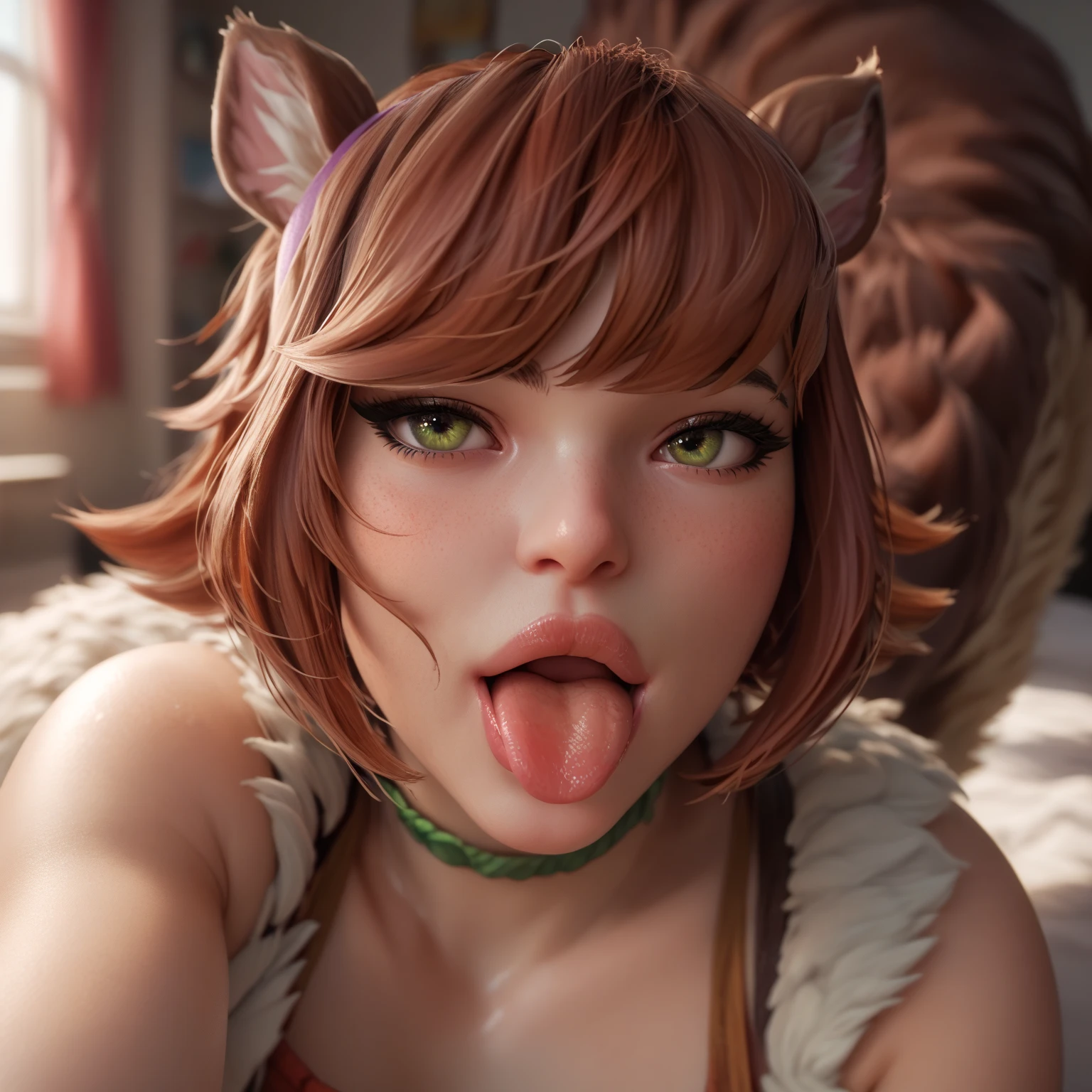 pov close up view, 1girl, (ginger fur ears:1.2), does blowjob with red lips, black elastic band in ginger wavy medium hair, staying on the knees, sharp nose, blue-green eyes, very big ass and very small chest, black suspenders with very short white blouse with short sleeves, one monstera on the background, black choker, wooden floor, school plaid red skirt, white walls, arched back, her hands on man's ass