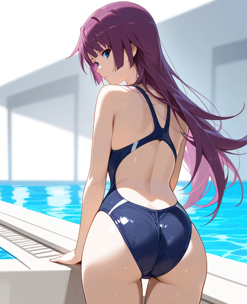 (8K、top-quality、​masterpiece:1.2)、(realisitic、ultra-detailliert、超A high resolution,beautifull detailed face,perfect body,perfect lighting,constriction,beautiful detailed skin,skin texture,(1girl),competition swimsuit,wihte,navel cutout,collarbone,highleg,erect nipples,cameltoe:1.0,short hair, ahoge, red hair, purple eyes, purple hair,lying water,on her stomach,all fours on water,ass up,pool,sweat:1.2,see through,angel from behind