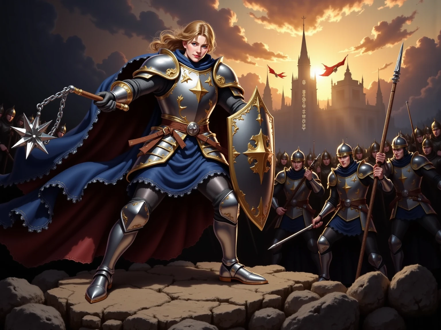 A dynamic battle scene of a warrior who holds a stick in his hand to the end of which is tied to a short chain at the other end of which is a spiked ball. MBrush. Dressed in beautiful silver armor, holding the shield in the other hand, stands at full height in a dynamic strike pose fighting several robbers in black plazas with daggers and in his hand. In the background, a castle is sieged. Sunset lighting rays of light fall through the clouds. soft shadows.  unrealistic image  . amazing quality,  8 thousand.,  high detail, oil painting style.   Ultra HD, impressive lighting. fantasy genre, dramatic lighting. A highly detailed digital art style. The composition is very rich in detail.