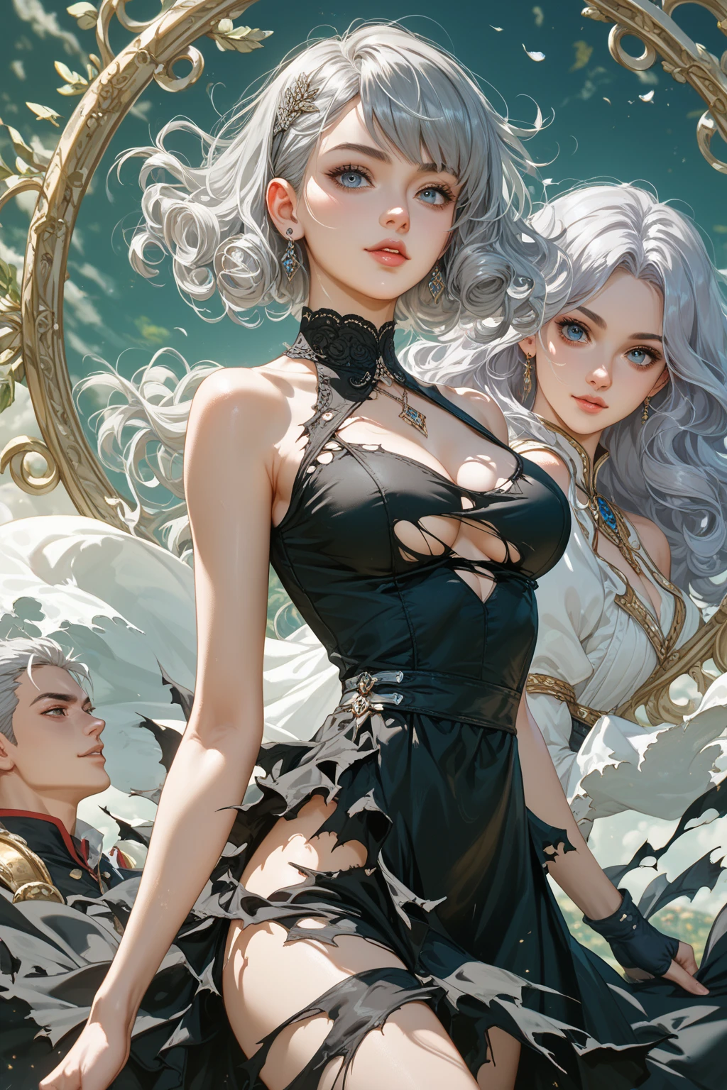 Woman open Victorian dress with body garter holder chained sleeves chains gold shackles etc black and white hair blue eyes space moon etc