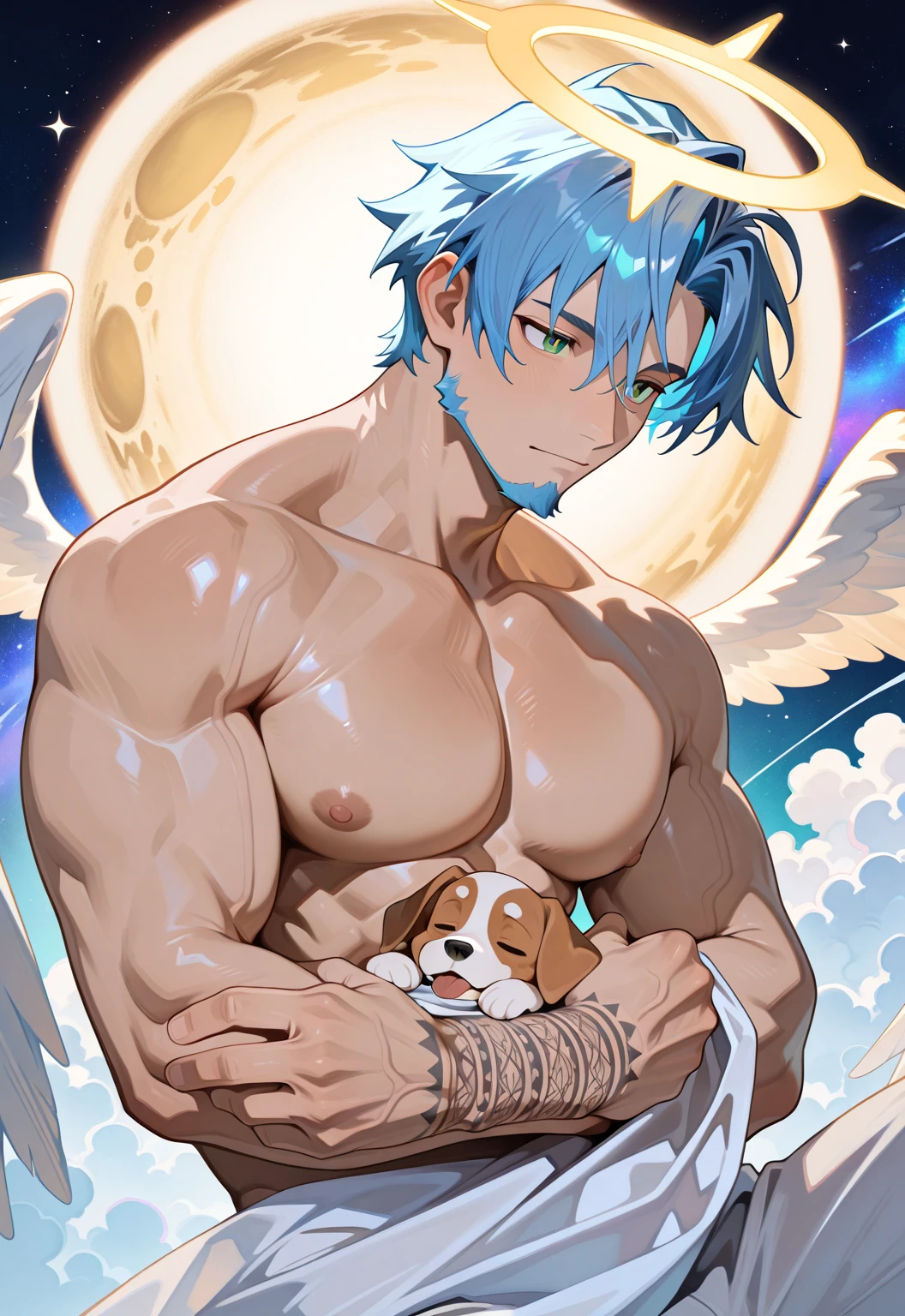 desert,Boy with short thick light blue hair lying naked in the desert,Young face,Baby bare big breasts,cute and lively,He has the big eyes of God,Pectoral muscles and abdominal muscles,Raised pectoral muscles,legs separated,Erection of a very long penis, The body has thick blue pubic hair and pink hair on the abdomen and chest,Fit & Fit,spreads his legs to the sides,Hair reflects moonlight,light blue,Close-up telephoto lens,Super Exquisite,Spread your arms outwards,The stars are shining,large head