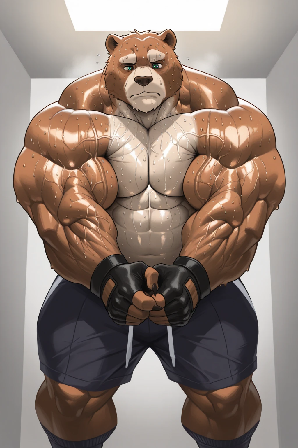 ((solo)), (anthro:1.2) bear (lora; baloo), adult, (athletic:1.4), (dense muscles), (super strong:1.4), (correct anatomy:1.2), (broad shoulders:1.2), (heavy build, massive body:1.6), (realistic fur, detailed brown fur texture:1.3), kickboxing martial arts tournament background (corner of the kickboxing MMA ring:1.6), photorealistic, (black compression shorts), (bare torso:1.4), (footwear:1.2), (detailed kickboxing martial arts black shorts), hyperrealistic, ultradetailed, (by wfa:1.2), (by takemoto_arashi, by vorusuarts, by Traver009:1, by grimfaust:1), natural lighting, (oiled up:1.4), ursine head (open eyes, brown mane), (sexy:1.2), ((serious smirk:1.4) expression), (flexing:1.4), (view from center:1.4)