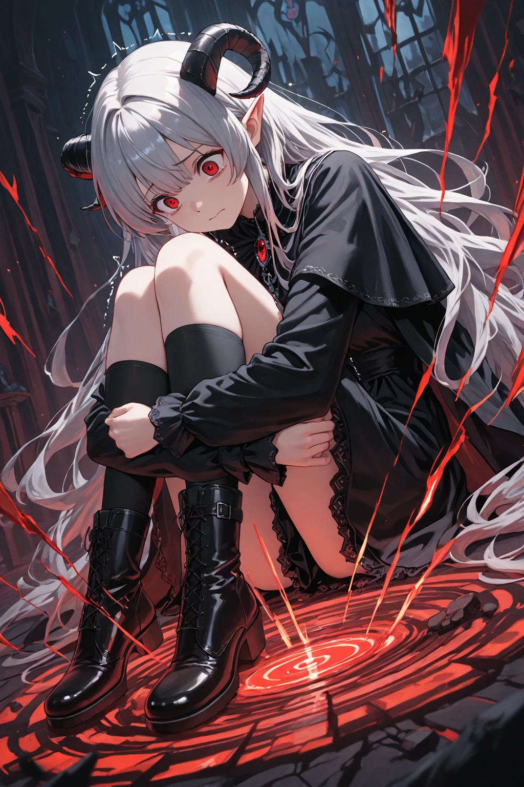 {{masterpiece, best quality, extremely detailed CG, unity 8k wallpaper,anatomically correct,ultra resolution}},Award-winning photography,(best illumination,Very Delicate and Beautiful),{one girl,solo,loli:1.5},Vampire,silver hair,(twintails:1.2),glowing red eyes,pale skin,(extremely beautiful and detailed face:1.2), (extremely beautiful and detailed eyes:1.2),perfect hands,delicate legs,((bat hair ornament)),(epic,fashion),pointy ears,((black leather long coat:1.5,gothic blouse,black leather pants,black leather shoes,black leather gloves,popped collar:1.3)),looking at viewer,hands in pockets,dark persona,evil,(cute:1.5),((night, dark atmosphere, dark theme, darkness:1.5)),dramatic shadows,(dimly lit:1.5),blood on face,blood on floor, blood on walls,(blood mist,blood splash:1.4),depth of field,(Bustling city:1.2,rooftop:1.2),rose blossoms, cloud, full moon, moon, moonlight, night sky, outdoors, petals, blood moon, rose petals, sky, star sky, starry sky,{perfect human body structure with maximum precision}