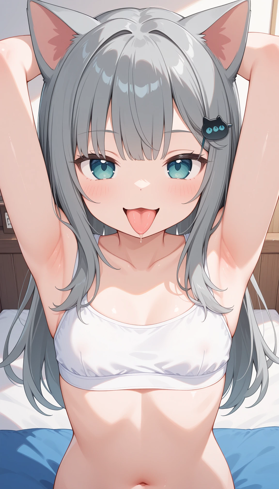 indoor,((hospital)),hospitalのベッド,Looking down from above,face focus, Green Eyes, Grey Hair, hair ornaments, bangs, Virtual YouTuber, Shine, blunt bangs, Double Bang, Animal ears, Flat Chest,Pink nurse uniform,Nurse hat,blush, ,, smile, orgasm,in heat,Are standing,topless,Pink bra,1boy,faceless male,male hands,{{{male hands touch her breasts}}}