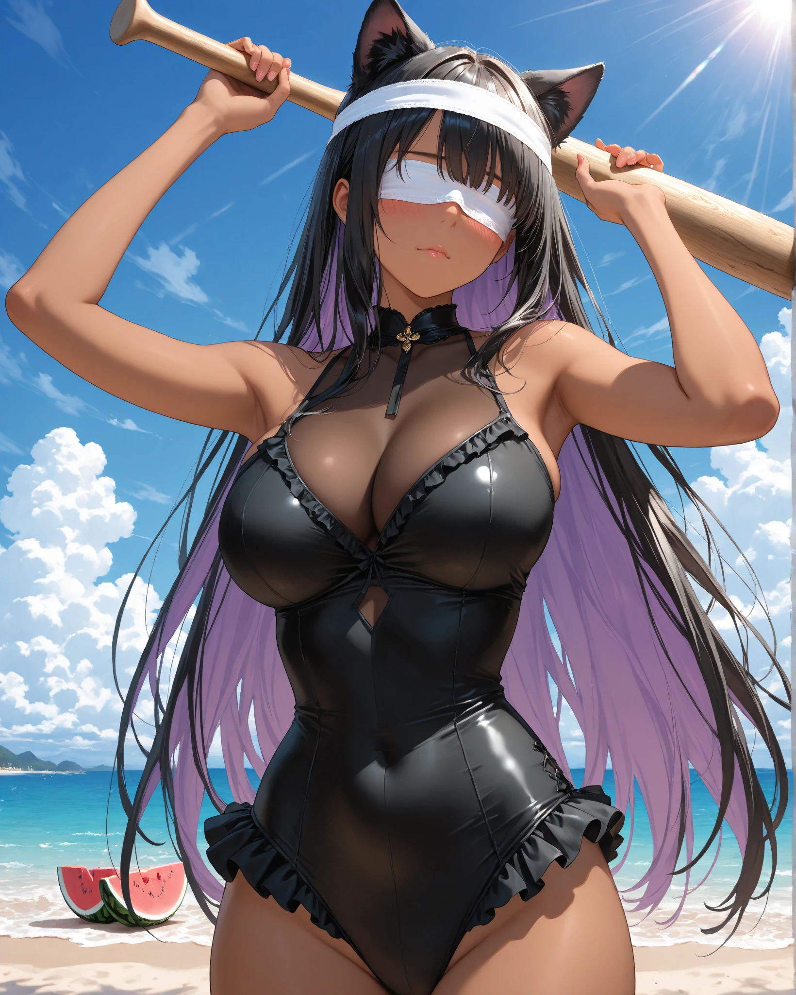 1 girl, Long black hair, Long twintails, hochgesteckte schwarze haare, improvisierter Knebel, Klebebandknebel, GEKNEBELT, Klebeband, festgebunden, Arms behind the back, gefesselte Arme, black Bikini, blushing, Tape gag, Standing, beach in the background