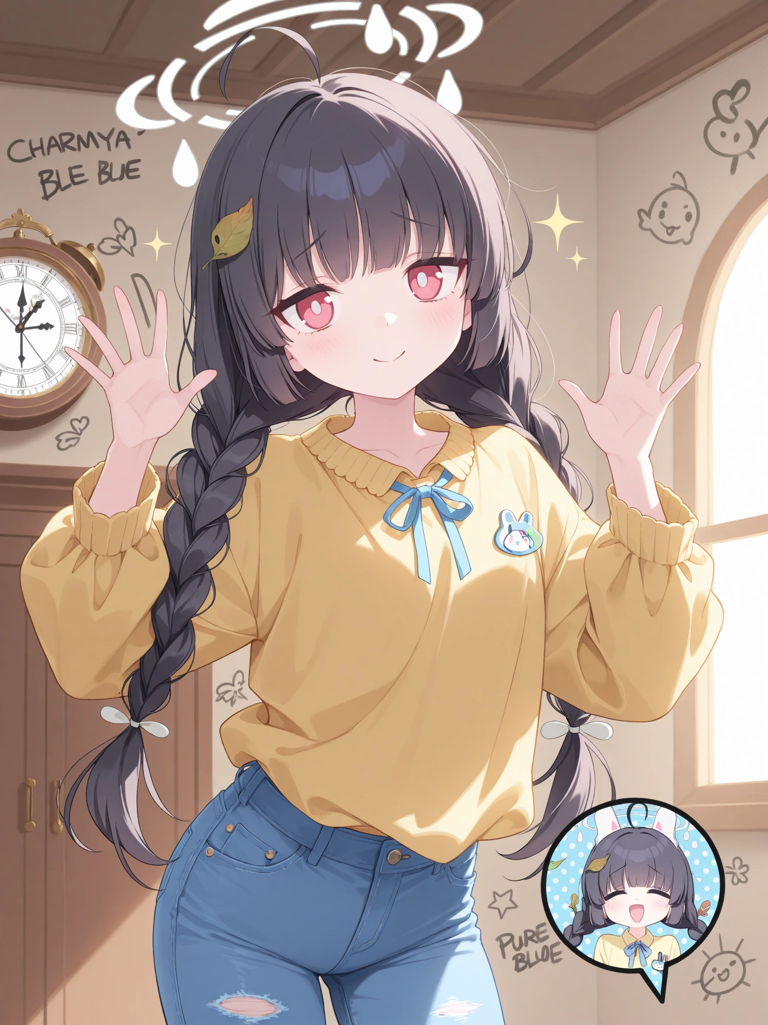 (Line art,Ultra detailed,best quality,masterpiece:1.3), (Photography, realistic, photo-realistic:1.4), (beautiful natural lighting, beautiful deatailed shadow, beautiful detailed glow :1.4), atmospheric,
BREAK 1 beautiful girl,(Cute:1.5),(Chibi:0.5),(kawaii:2),(Loli:2), (17 years old girl), Very detailed, colourfull, highest details, BREAK, (Huge breasts: 1. 2), Clear skin, Beautiful skin, Shy skin,(Brown hair:1.75), (fluffy Big cat ears, Ponytail, medium-Long hair: 1. 2), (Light blue eyes, long eyelashes, Double eyelids: 1. 2),Solo,gleaming skin, Clear skin, Beautiful skin,(best quality face),(Top quality glowing eyes),(evil smile, blush :1.45), (cross wound on cheek: 1.45),
//Character
1girl,
BREAK (black and yellow theme:1.4), ((japanese idol costume with bee motif, punk and fancy style):1.2), (roll-up sleeves Latex black closed jacket with yellow bellied lapel:1.4), (zip-up:1.5), (costume divided into tops and bottoms:1.3), (collarbone:1.3), (crazy amount of buttons and needles:1.2), (yellow (eyelet belt, grommet belt):1.3), (yellow (See-through tulle skirt, tulle Layered mini skirt) with ruffles:1.3), (fancy over-knee-socks with black and yellow striped pattern:1.4), (black high platform boots with lace-up:1.2), (choker with silver needles:1.3), (bangle with silver needles:1.3), (Cute logo with a bee motif on jacket:1.2),BREAK
(looking up, sitting cross-legged (i.e. Indian style), Japanese temple, Todaiji, Maitreya statue in background, two Japanese candles, seven incense sticks, hands together, prayer pose, eyes closed, large prayer beads around neck:1.6),
BREAK wakame,wakame,wakame,(cowboy shot,from front:1.4), BREAK manga illustration,manga style,