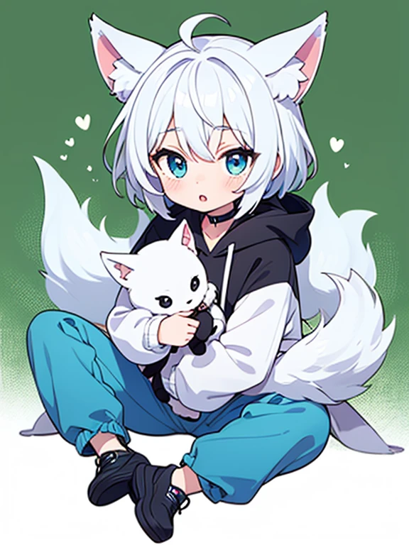 One Short woman, medium-sized breasts, short black hair that covers right eye, oversized striped turtleneck sweater, cute, shy, wearing glasses, athletic thighs, black stockings and white shoes, white and cyan sweater, short white skirt, full body view, shyly smiling, hugging a small white fox to her chest, the fox is happy, she has one hand petting the fox’s head.