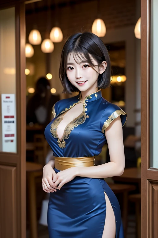 (8K、RAW photo、highest quality、masterpiece:1.5)、(realistic、Photoreal:1.37)、super detailed、超A high resolution、1 girl、see the beholder、beautiful and detailed face、laughter、narrow、(slim waist) :1.3)、shortcut、Beautiful and smooth skin、skin texture、floating hair、professional lighting、Chinese Teahouse Background、human body as a whole、Brown Short Bob、(on top of the cheongsam,golden floral pattern on blue)、(big breast:1.5)、