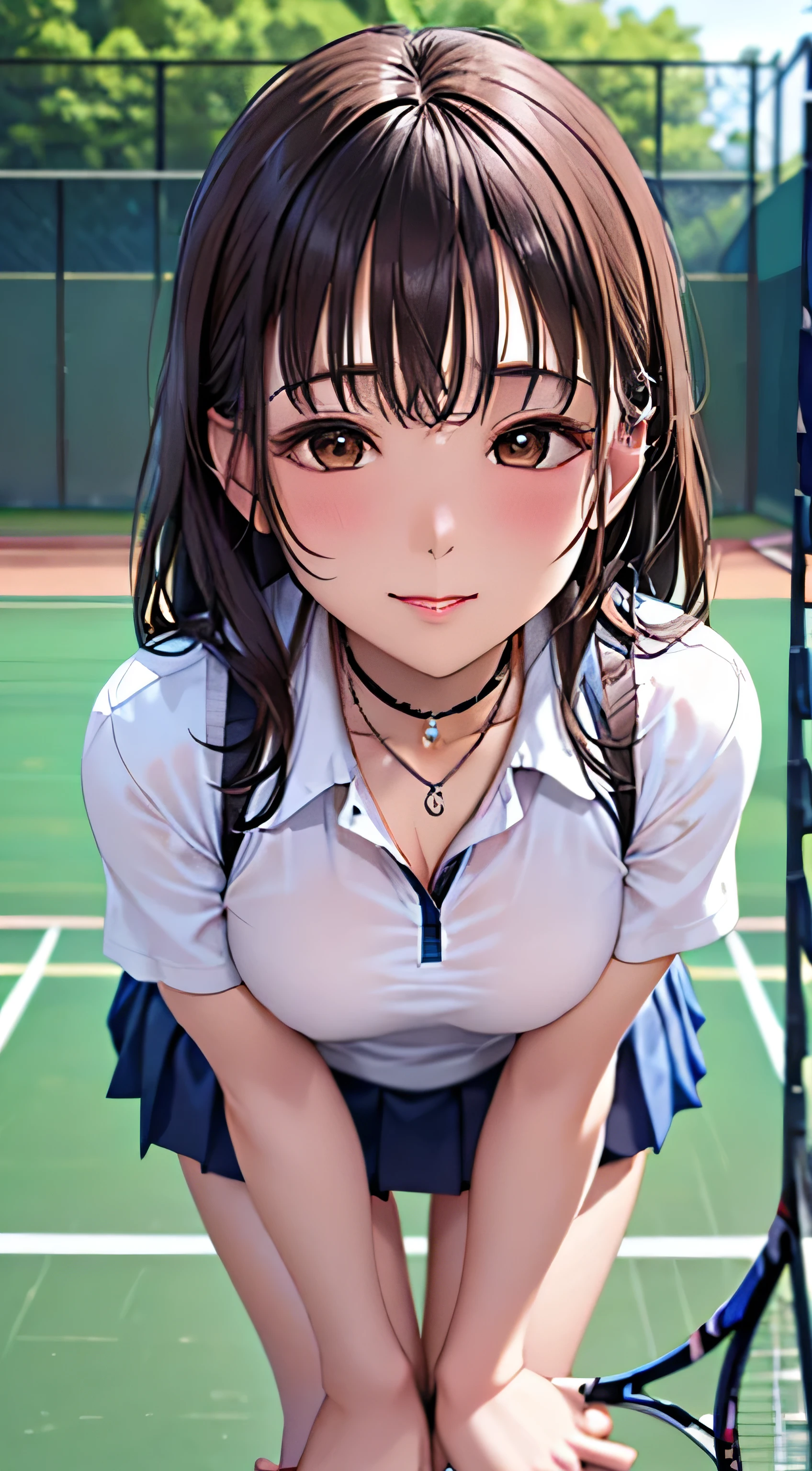 Hair tied in a double ponytail，A bow is tied in the hair，Lori，Cleavage，White suspenders，Shoulders exposed，shcool uniform，Clothes translucent，The expression of kissing，shylily，Seduce a man's narrow small waist, tennis cosplay，(tennis court:1.3)tennis cosplay，（pleated super short skirt：1.4），（thighlet：1.3），（Extreme heat：1.5），Background bokeh，From top to bottom，Cleavage，(Detailed eyes), of the best quality, ultra-detailed detailed, nmasterpiece, (Detailed face)，