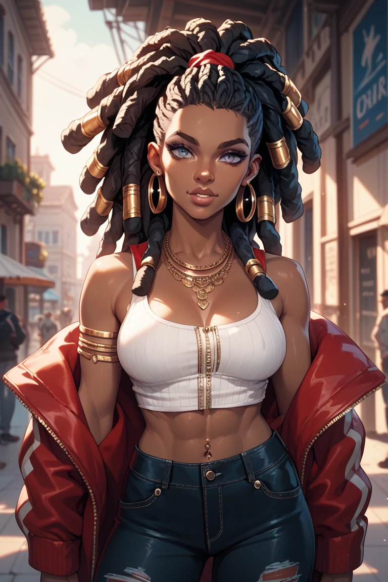 black buff strong woman character, muscle arms, muscle body, buff body, tall woman, black skin, full black skin, strong arms, long fringe hair, blonde hair, blonde fringe hair, fringe hair, scales in body, black lips, egypt hair, milf, yellow lights, morning, city background, scales, mature woman, scale in arms, leaning against a wall, black dress, sit, black chic big hat