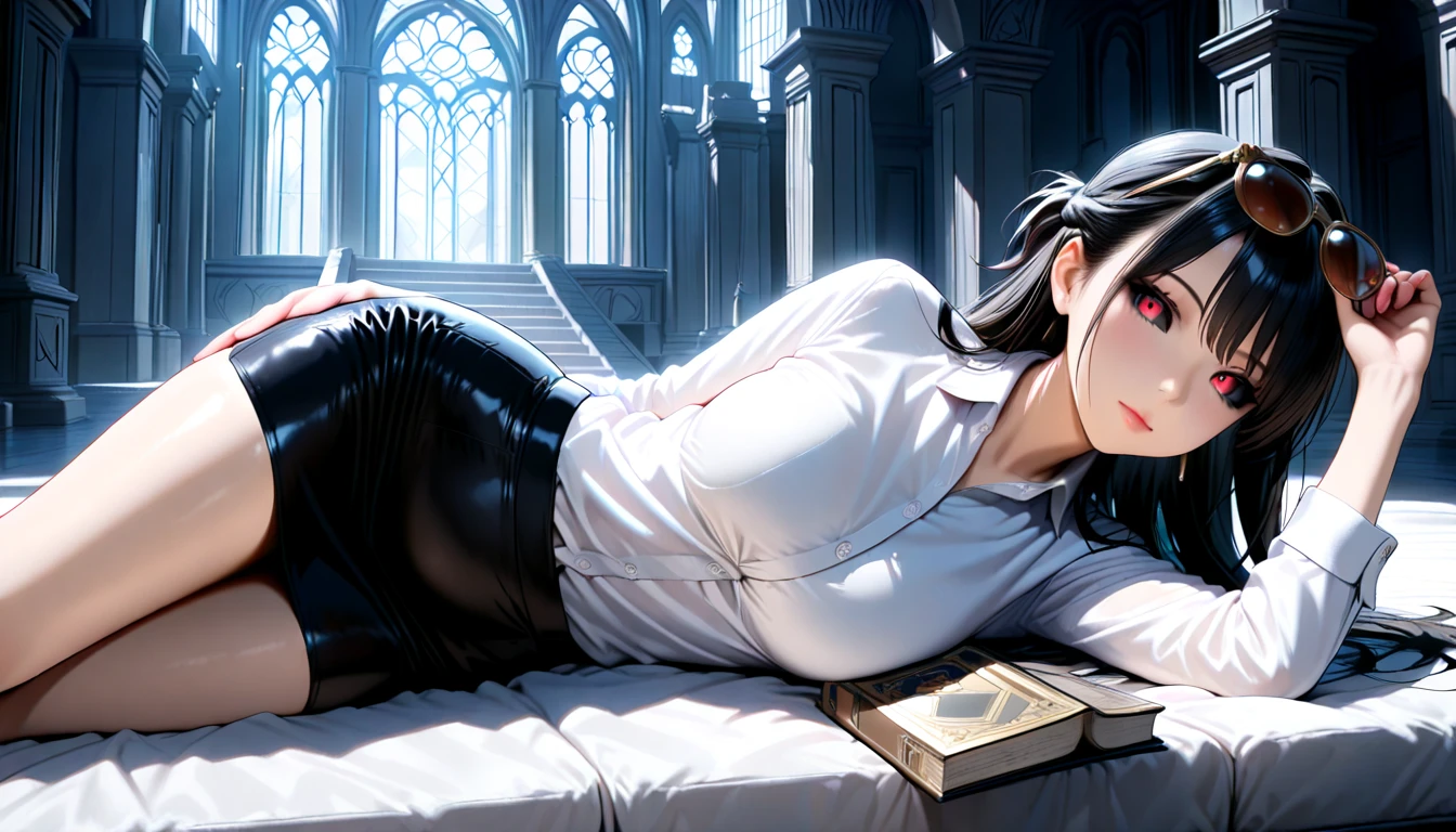 ((Best quality: 1.5)) ((masterpiece)), complex parts, soft focus, professional, real life, realistic face image, dim ambient lighting, dynamic pose, in the style of realistic and hyperdetailed visualization BREAK woman (ultra detailed skin), pale skin, (super thin hair),(ultra soft hair),(ultra straight hair:1.5),Combed long bangs,black,hair over one eye,Blue eyes, Glasses, black, straight and silky hair, long white t-shirt to the hips, (White shirt, Nude lower body, Torn, mid-chest Torn shirt, Without underwear, Covers for the backs photorealistic, In hands a deck of tarot cards, laying out cards on the table. a half-burnt candle stands, hyperrealistic, 8 K
