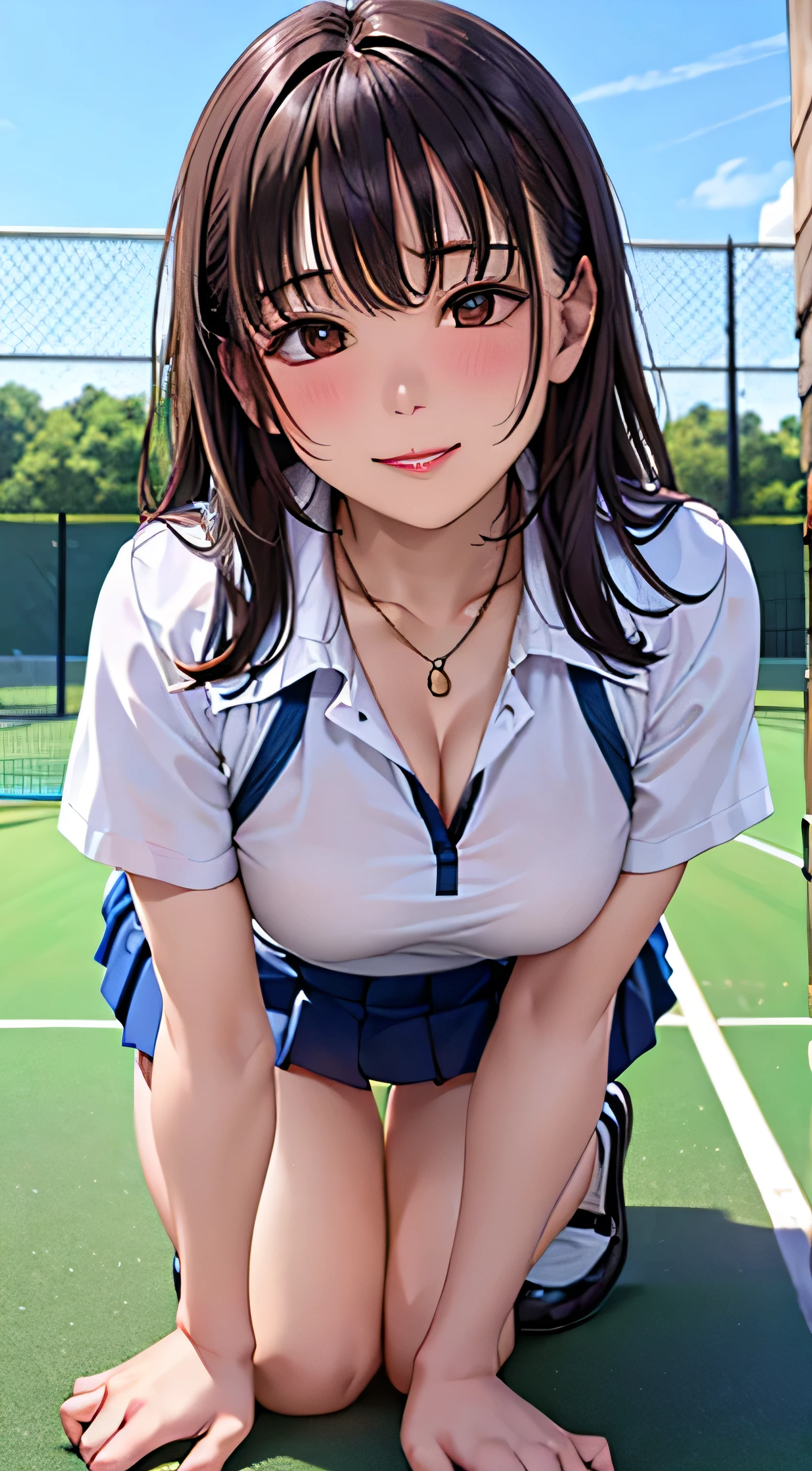 ((table top, highest quality, High resolution, nffsw, perfect pixel, 4k, nffsw, nffsw))), 1 girl, single, alone, Beautiful woman、I could see the whole body、 ((wavy middle hair, bangs, brown hair)), ((brown eyes, beautiful eyelashes, realistic eyes)), ((detailed face, blush:1.2)), ((smooth texture:0.75, realistic texture:0.65, realistic:1.1, Anime CG style)), medium breasts, dynamic angle, perfect body, white tennis wear, short sleeve collared shirt、pleated skirt,、(No bra)、、, Tennis court、daytime、get down on all fours、、Very embarrassing panic smile、、