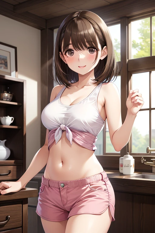 (naked), large breasts, (masterpiece), delicate, extremely detailed, (watercolor), flowery, delicate and beautiful, illustration, (bottom), (1girl:1.4), (solo:1.2), large breasts, (tight yoga clothes: 1.3), sportswear, (shorts: 1.2), strapless, (underboob: 1.2), ((dark skin: 0.8)), beautiful eyes, (shaggy hair), photography, strapless photo, Alex Maleev, professional, canon camera, nikon camera, sharp, bokeh, studio quality, fisheye lens, robert cape, anime style