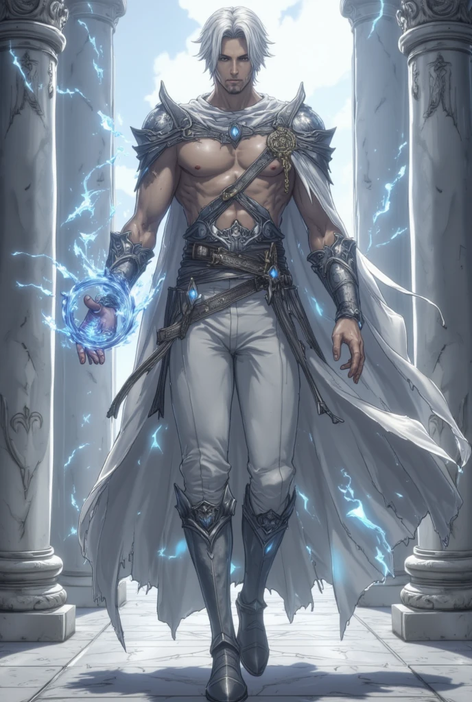 (drow:1.2) 1man, muscular, holding scimitars, ((body hair)), short white undercut, flowing white robe, white cloak, flowing, (fabric with intricate pattern:1.2), (insanely detailed:1.2), ((masterpiece)), (painting:1.1), (digital painting:1.1) ((((perfect hands)))) <lora:1.5_perfect hands:1>