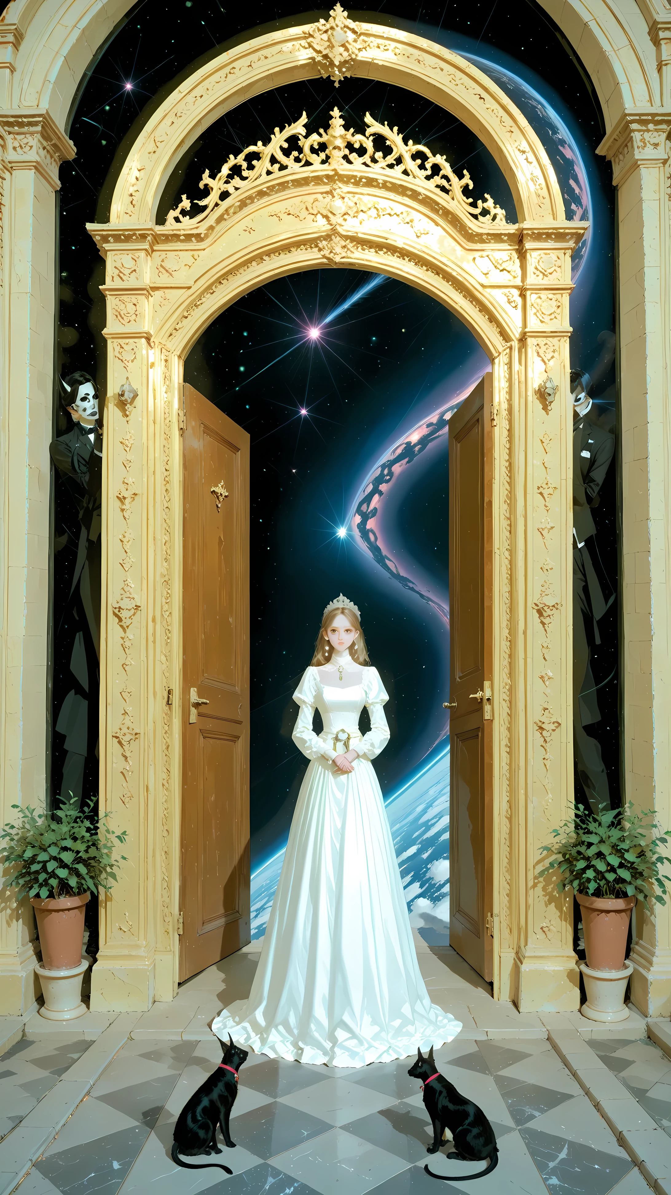 super detailed, medium distance, The Devil King, the daughter of a man in an Absard dress playing a game in a castle, A very luxurious space, The butler peeking through the door, MX4D.