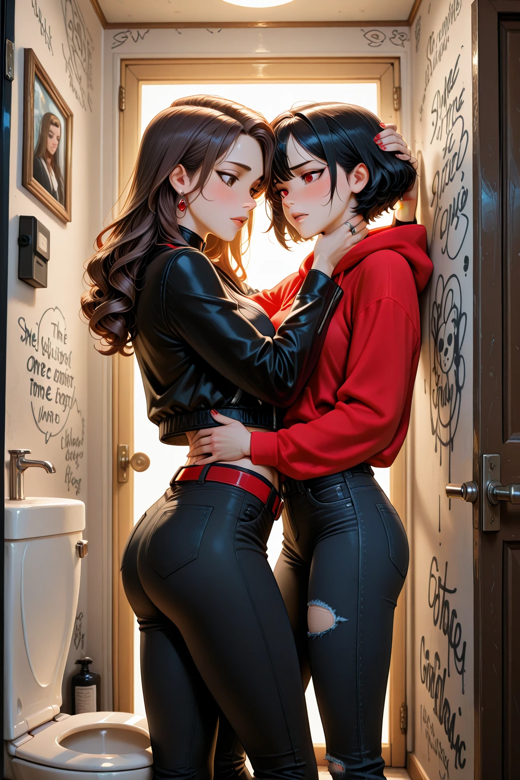 Create an anime-style boy with brown hair and eyes with a blue hooded blue coat and an anime-style girl with light brown hair and a braid like hairstyle and light blue eyes with a black and green superheroine outfit with a black eye mask and black cat ears, the two are blushing and kissing
