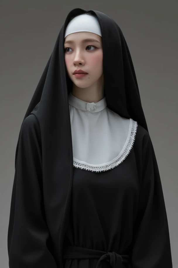 A nun with dark hands holding her, gloomy background, 品質, 8K