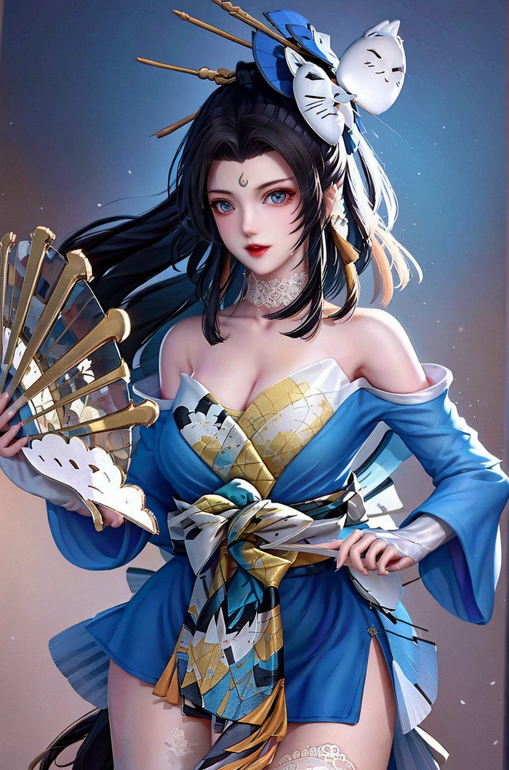 Fire Dance, 1 Girl, Solo, Brunette Hair, Long Hair, White Thighs, Role Play, ((Big Breasts)), Young and Beautiful, Fair Face, Perfect Facial Features, Fair Skin, Good Figure, 4K, CG, Handheld Fan, Blue Theme, GameCG Background, 3D Rendering, Realistic, Cinematic Lighting, Smooth Fog, Detailed Face, Faint Smile, (((Japanese Style Architectural Background))).