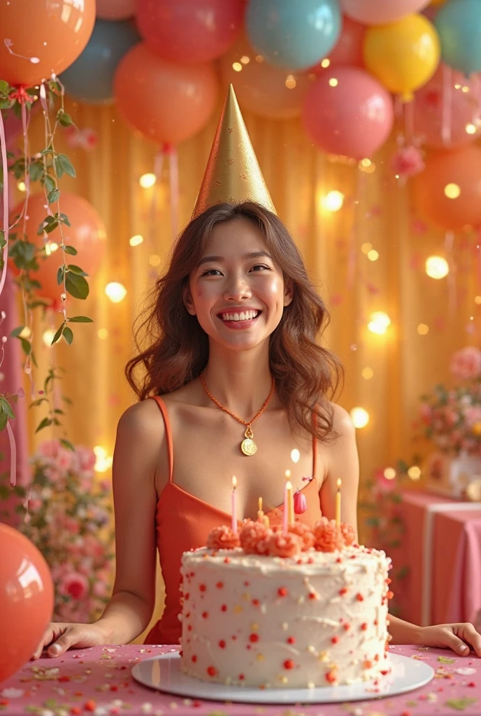 Real one pinay mother beautiful lesbian cut hair fat dress gold cake baloons flowers and butterflies name background wall"happy 62nd Birthday Nanay" sitting in chair