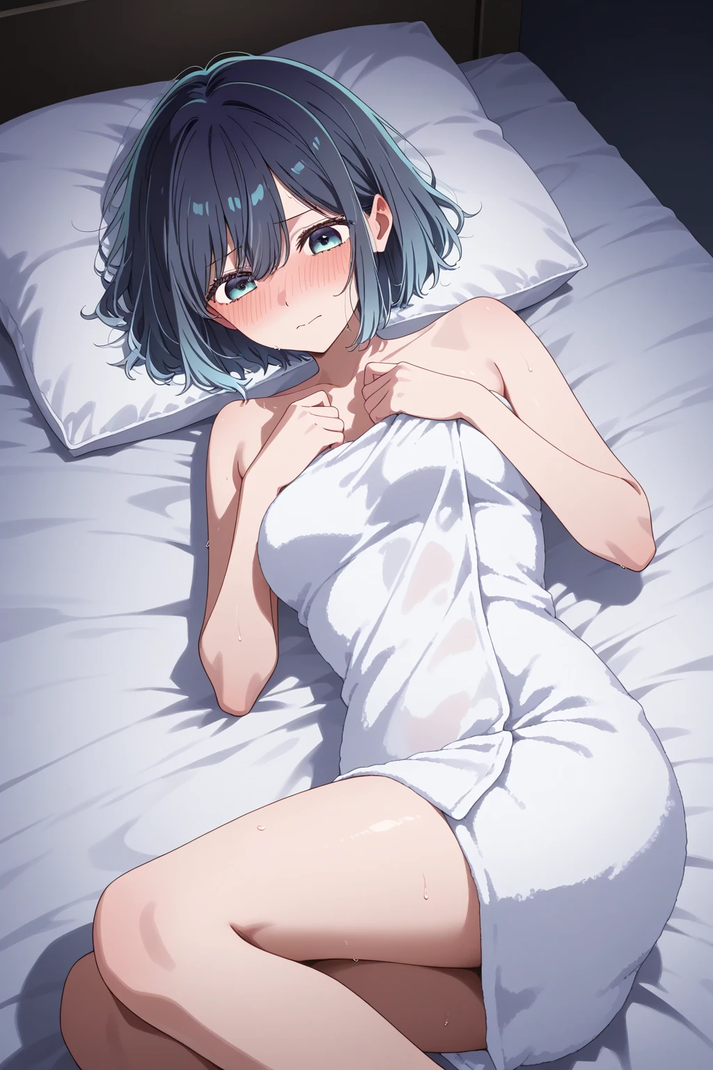 very thin cute girl 12 years old in very short white swimming trunks that have slipped down Shy. Lying in bed, back to camera, slim ass detailed