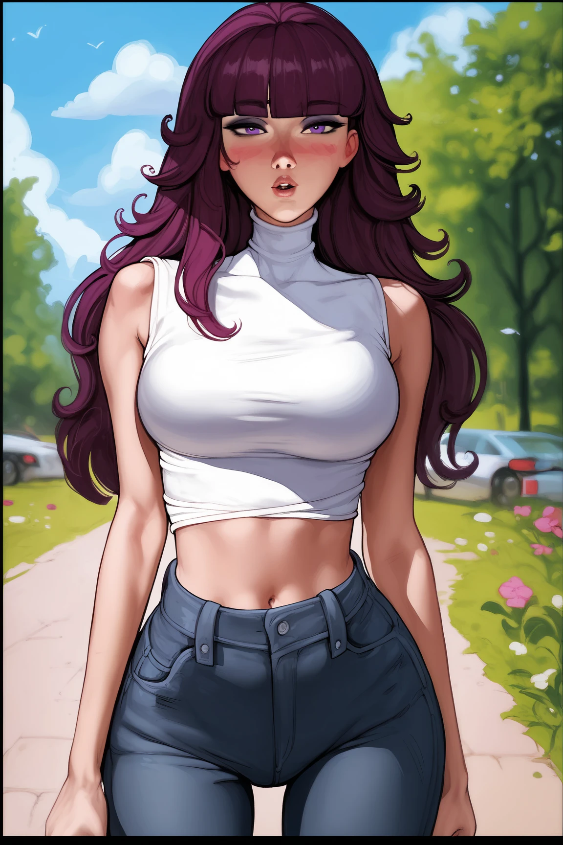 girl,(peaceful,plants,hot,outdoors,prettify),Street Background,Head Tilt,Flat Breasts,Very Long Hair,Roach hair,maroon Tieup Top,lime Harem Pants,Evangelion,(masterpiece,detailed,highres,vibrant:1.4)