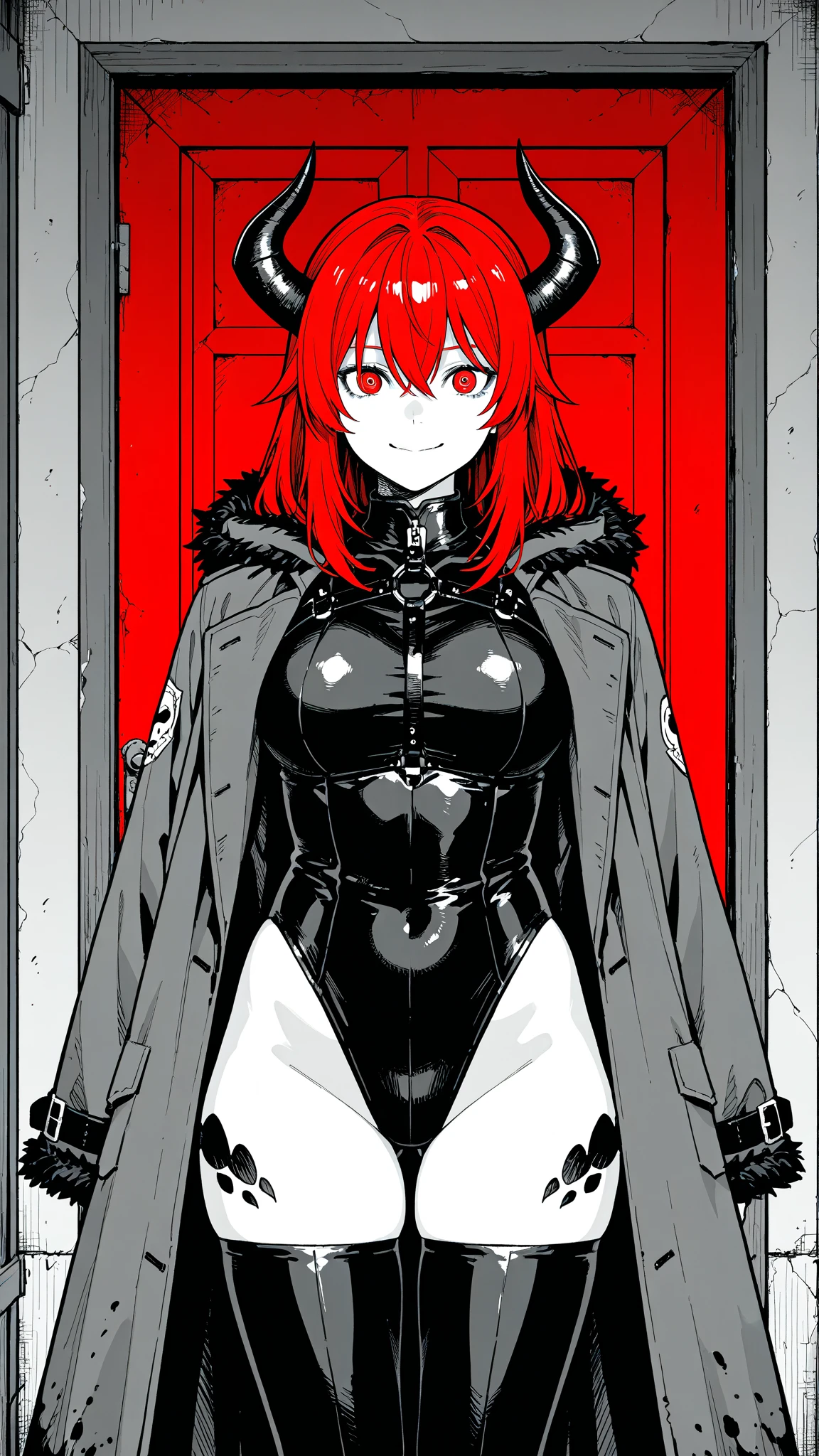 best quality, masterpiece, 1 girl, devil girl, sobbing, (red colored skin:1.2), (bright red eyes:1.3), (black devil horns:1.4), long hair with bangs, tattooed body, black and red bikini with cloak, (standing in cyberpunk street:1.3), (medium breast, under boobs:1.2)