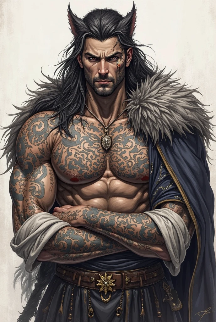 character design sheet by Yliade, best quality, masterpiece, Representative work, official art, Professional, Ultra intricate detailed, 8k, male, with white and brown long hair, tribal tattoo, naked chest, hot dude