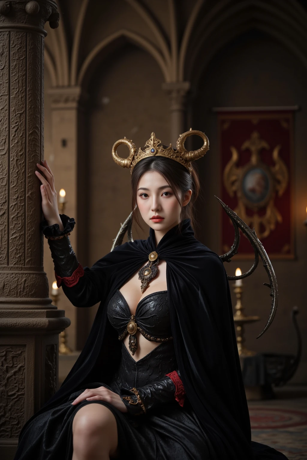 Manhua, the demon king. Beautiful long, flowing black hair tied up in half of her head, black dragon horns, black eyes, sitting cross-legged on the throne, with a beautiful fire mark on her forehead. Handsome. wearing black Chinese ancient costumes, fantasy world. The night is dark, behind the moonlight shines throughout the ghost palace, in the distance there are high roofs in the ancient Chinese style. Cinematic light, ethereal light, intricate detail, ultra detail, incredible detail, full color, intricate detail, extremely detailed and intricate, super maxed, extreme detailed with rich colors. masterpiece, best quality, aerial view, HDR, UHD, unreal engine. Plump look into the lens, (sparkling jewelry) (acrylic illustration, by artgerm, by kawacy, by John Singer Sargenti) Dark virtual background, Representation, white skin, beautiful face, Rich in details High quality , gorgeous , captivating , 8k , super detailed , stunning lights and shadows , detailed decorations , detailed lines