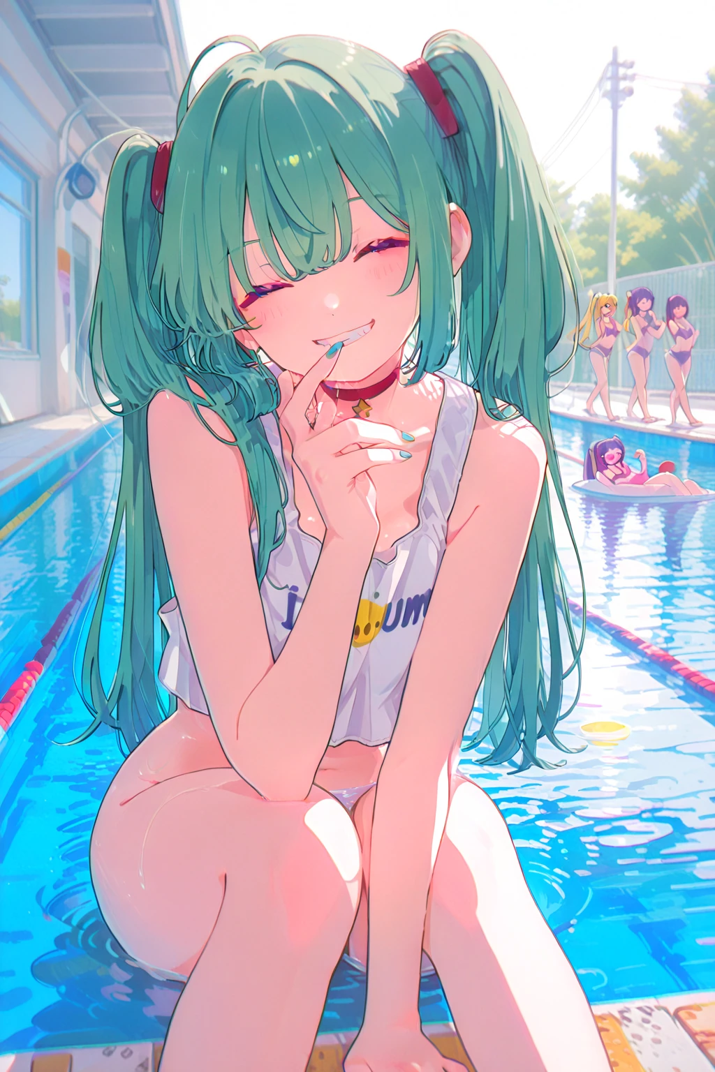 (masterpiece:2), (extremely fine and beautiful:1.3), (16 K:2), (completely nude:1.6), (small breasts, flat chested:1.5), (sexy pose,10yo girl, Nominal body type, early teen body shape), (pussy crack, nipples:1.6), (cute little), (embarrassed, blush, in heat, sexy mood:1.8), (troubled face), steam, Correct anatomy, Good anatomy, (The ultra -The high-definition:1.3), (Ultra HD), ((highly detailed, Very detailed and beautiful, Very detailed and beautiful)), (luminism, summer, pool:1.3), iono, long hair, hair ornament, character hair ornament, bow-shaped hair, pink hair, light blue hair, sharp teeth, low-tied long hair